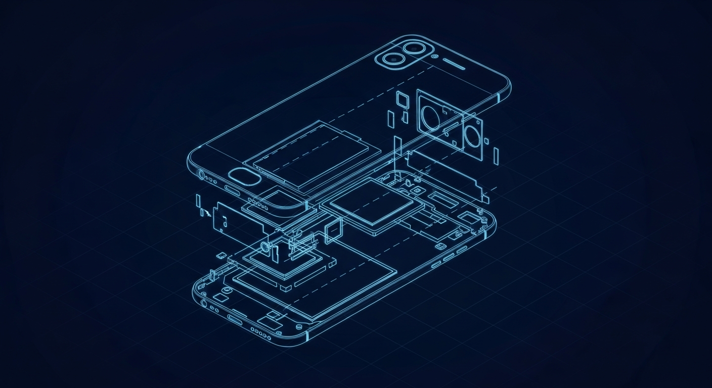 AI_IMAGE: A ghosted isometric wireframe technical drawing of a sleek titanium smartphone, rendered in fine light blue lines against a deep midnight blue background. Engineering schematic style, exploded view elements, blueprint aesthetic. | digital-art | landscape