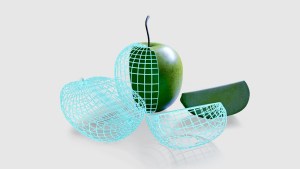A green apple and two apple slices are shown with a digital wireframe overlay partially covering them, illustrating a 3D modeling or digital design concept. The apple is whole with a stem, and the slices are positioned in front of it on a light gray background.