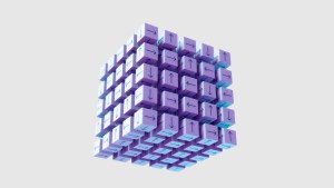 A 3D cube composed of smaller purple cubes, each featuring a black arrow pointing in various directions. The cube is floating against a light gray background.
