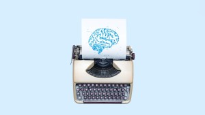 A vintage beige typewriter with dark brown keys is shown from above. A sheet of paper is inserted, displaying a blue brain illustration composed of scattered letters and symbols. The background is a solid light blue color.