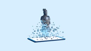 A digital tablet with a holographic projection of a Terracotta Warrior statue emerging from its screen. The statue appears pixelated and fragmented at the base, blending into the tablet, against a light blue background.