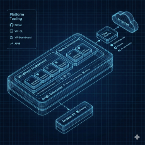Blueprint-style diagram of a platform architecture showing an Origin Datacenter with WordPress and Node.js environments. The WordPress environment includes Application, Database, Batch, and Memcache containers. The Node.js environment includes Application and Batch containers. The Origin Datacenter connects to an Edge Cache, which links to the Internet with DDOS Protection, Firewall, and Access Control. There is also a connection from the Origin Datacenter to Amazon S3 for backup. A sidebar lists platform tooling: Github, VIP-CLI, VIP Dashboard, and APM.