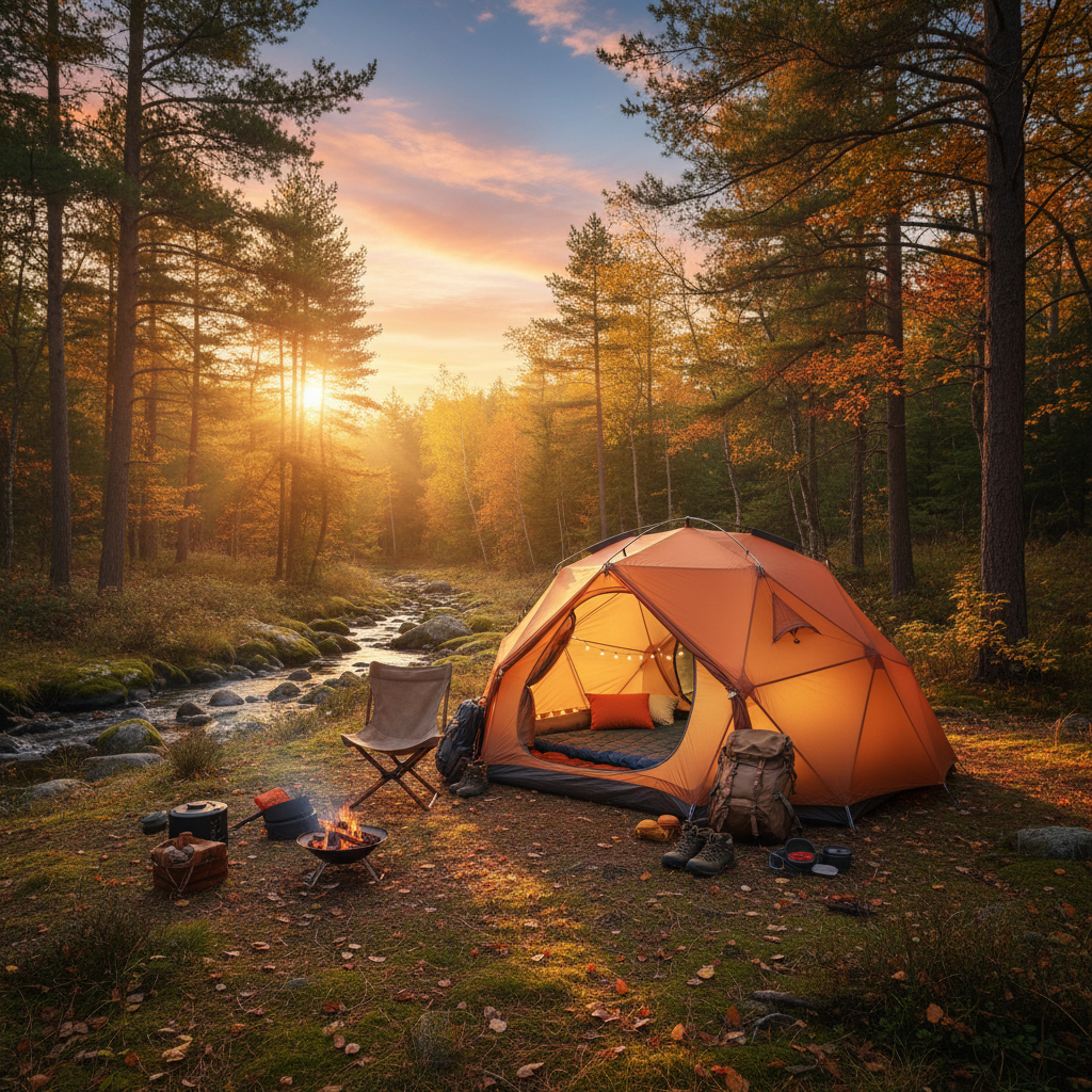 4-season camping tent set up in a forest at golden hour