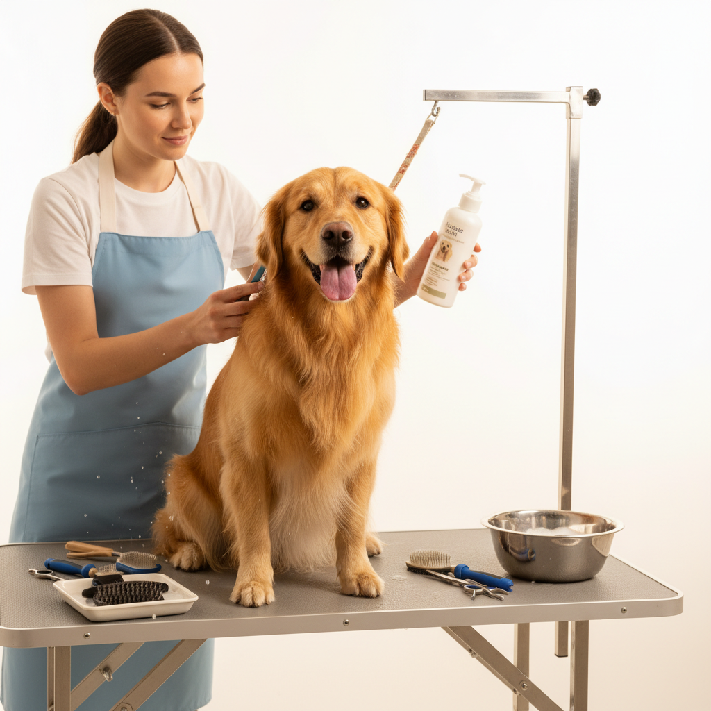 Happy golden retriever being professionally groomed