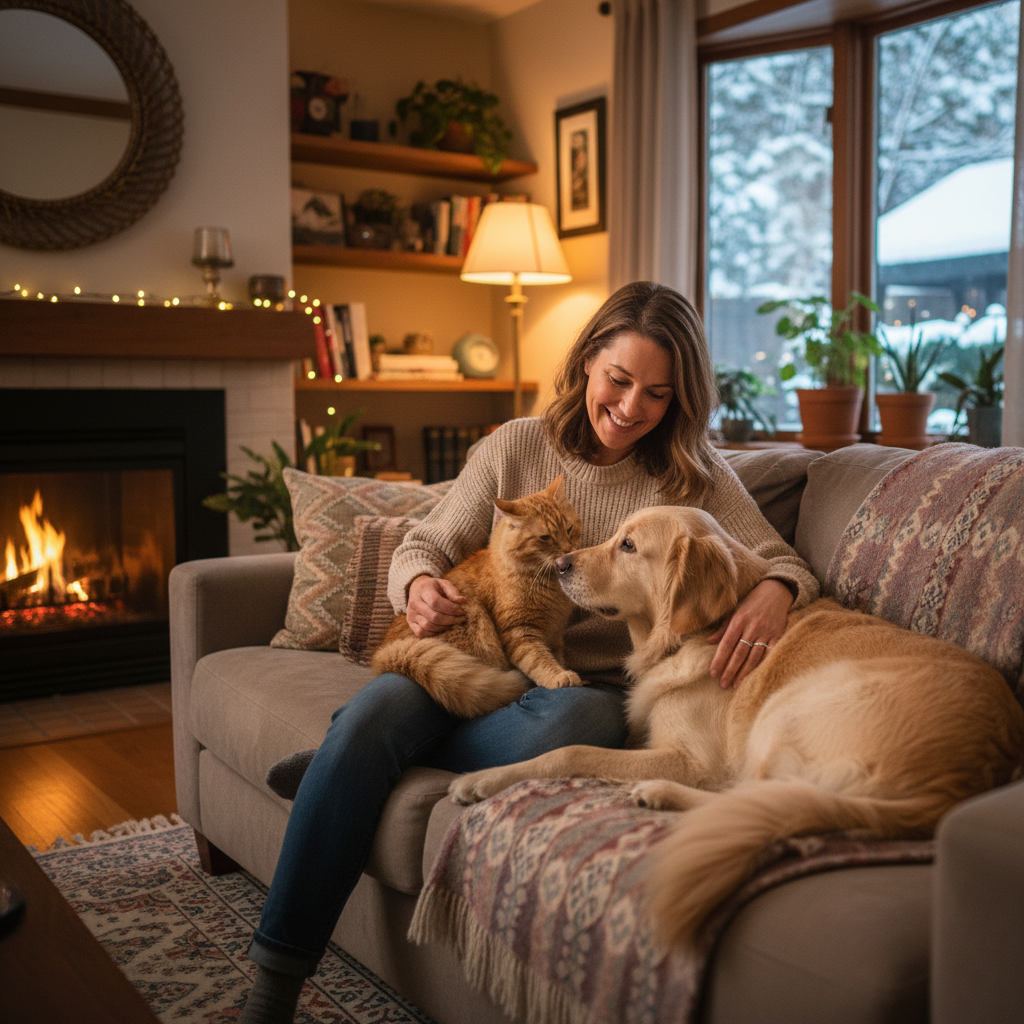 Pet sitter on a sofa with a happy cat and dog in a cozy home