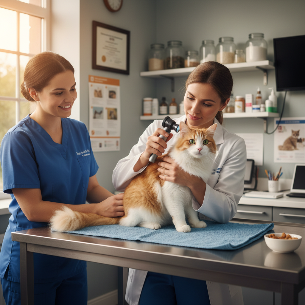 Veterinarian examining a cat on a clinic table