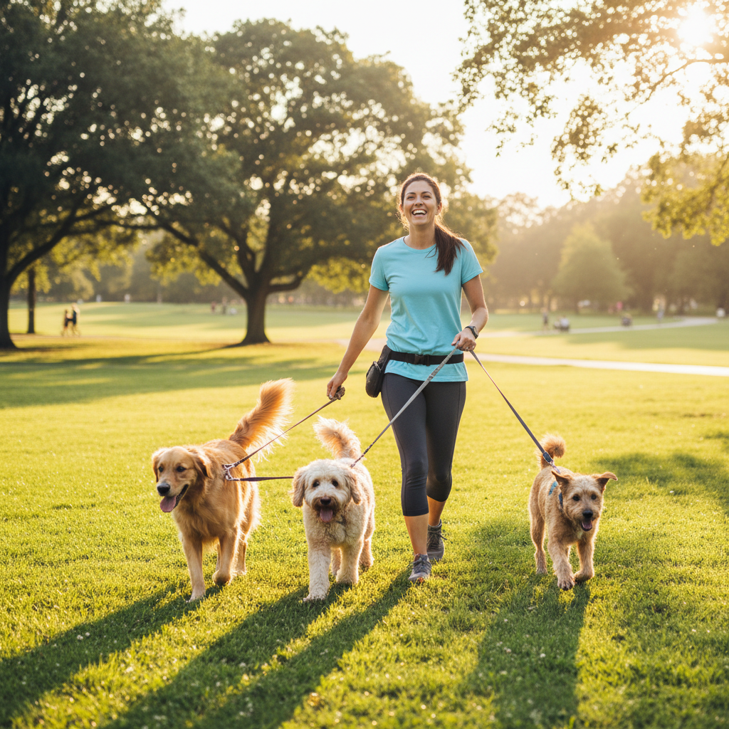 Dog walker in a park with three happy dogs on leashes